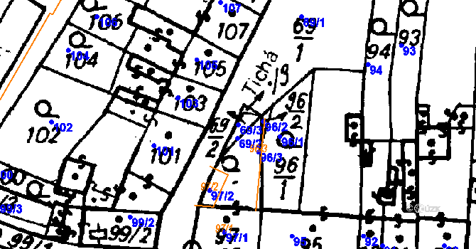 Parcela st. 69/3 v KÚ Město Touškov, Katastrální mapa