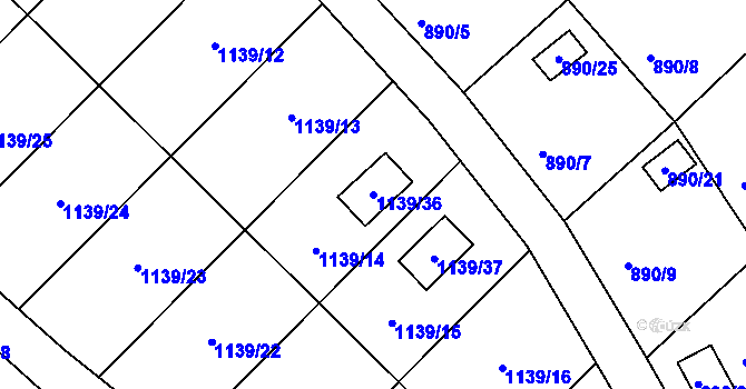 Parcela st. 1139/36 v KÚ Město Touškov, Katastrální mapa