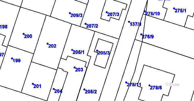 Parcela st. 205/3 v KÚ Měšice u Tábora, Katastrální mapa