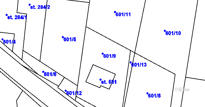 Parcela st. 601/9 v KÚ Metylovice, Katastrální mapa