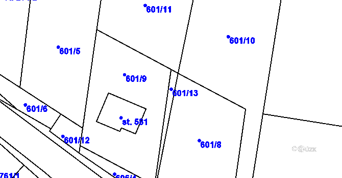 Parcela st. 601/13 v KÚ Metylovice, Katastrální mapa