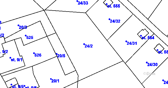 Parcela st. 24/2 v KÚ Meziboří u Litvínova, Katastrální mapa