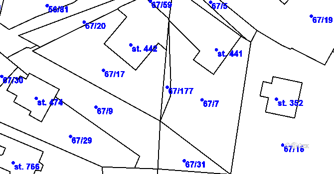 Parcela st. 67/177 v KÚ Meziboří u Litvínova, Katastrální mapa