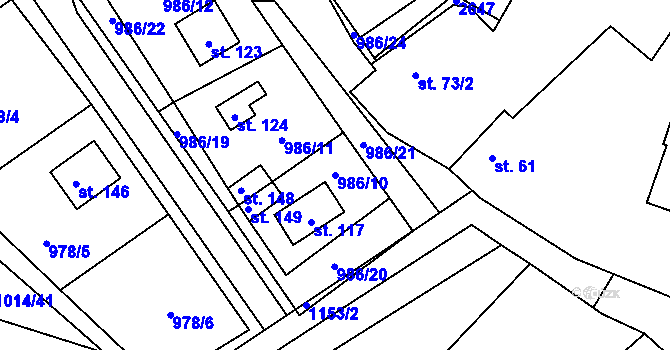 Parcela st. 986/10 v KÚ Mezilesí, Katastrální mapa