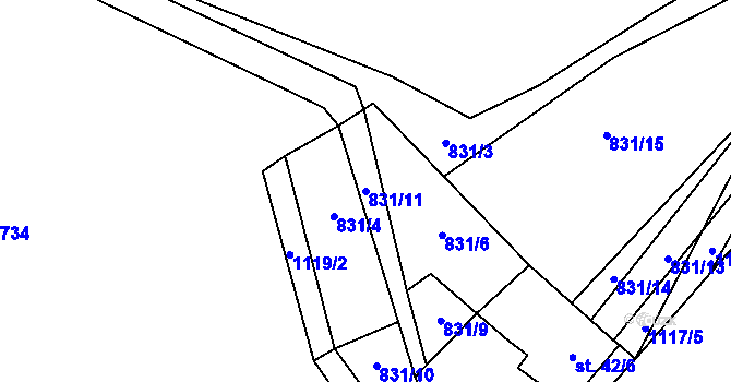 Parcela st. 831/11 v KÚ Mezilesí, Katastrální mapa