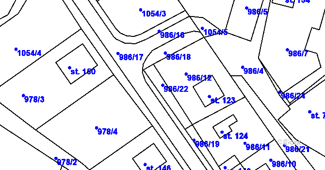 Parcela st. 986/22 v KÚ Mezilesí, Katastrální mapa