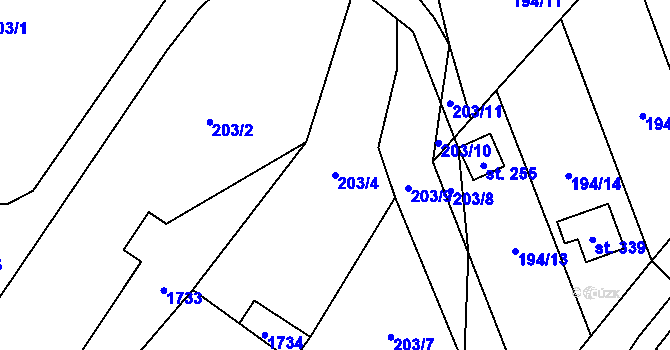 Parcela st. 203/4 v KÚ Mezina, Katastrální mapa