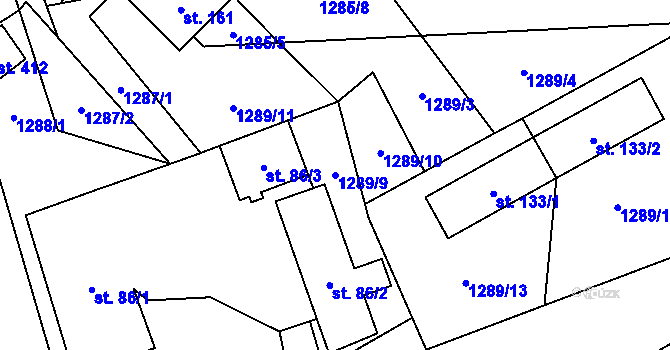 Parcela st. 1289/9 v KÚ Mezina, Katastrální mapa