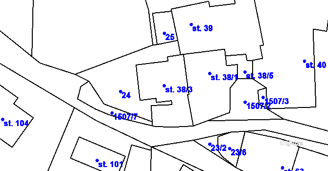 Parcela st. 38/3 v KÚ Mezná u Pelhřimova, Katastrální mapa