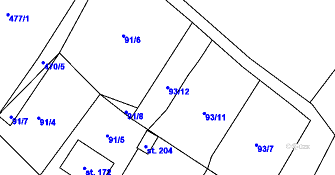 Parcela st. 93/12 v KÚ Mezno, Katastrální mapa