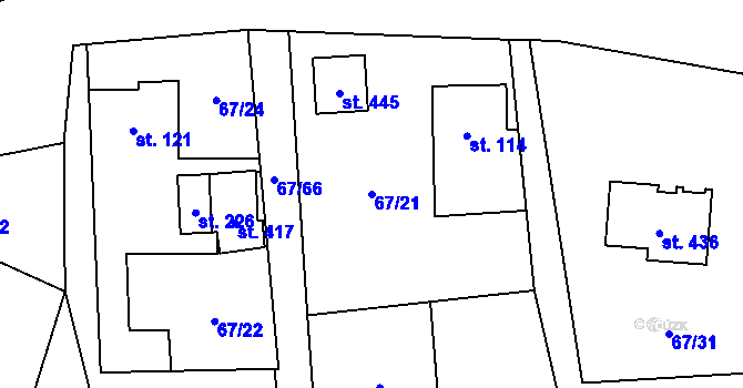 Parcela st. 67/21 v KÚ Mezouň, Katastrální mapa