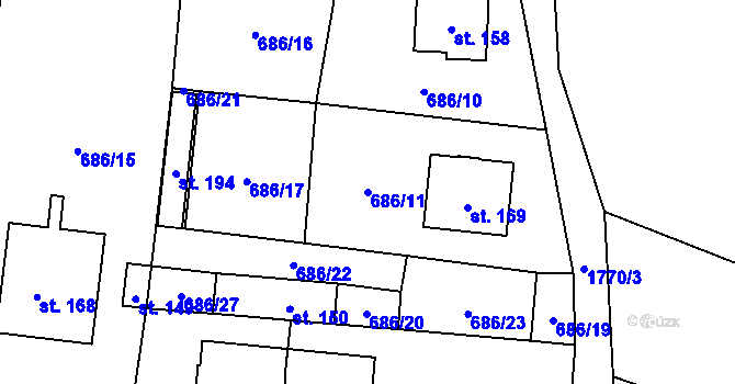 Parcela st. 686/11 v KÚ Mičovice, Katastrální mapa