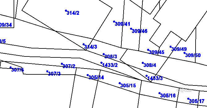 Parcela st. 308/3 v KÚ Milavče, Katastrální mapa