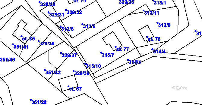 Parcela st. 313/7 v KÚ Záhoří u Milče, Katastrální mapa