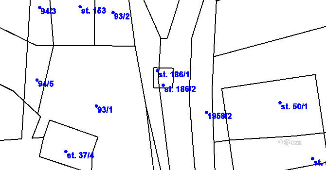 Parcela st. 186/2 v KÚ Milenov, Katastrální mapa