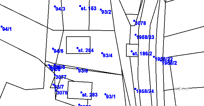 Parcela st. 93/4 v KÚ Milenov, Katastrální mapa
