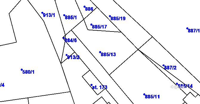 Parcela st. 885/13 v KÚ Milešov nad Vltavou, Katastrální mapa