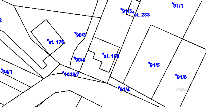 Parcela st. 186 v KÚ Milešov u Lovosic, Katastrální mapa