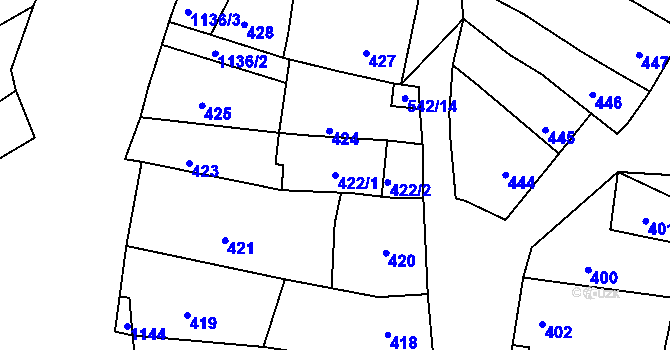Parcela st. 422/1 v KÚ Milešovice, Katastrální mapa