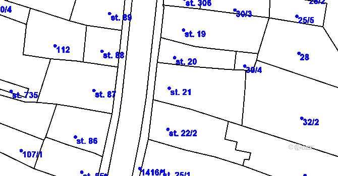 Parcela st. 21 v KÚ Miletín, Katastrální mapa