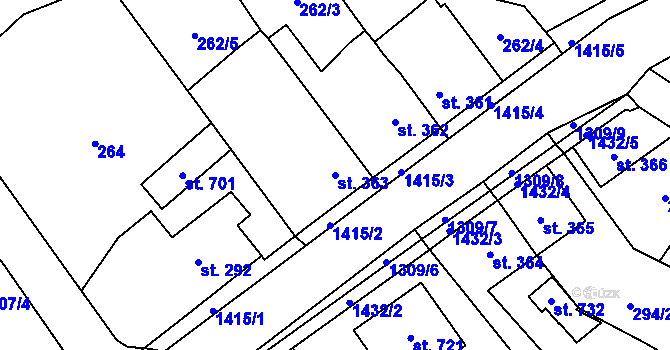 Parcela st. 363 v KÚ Miletín, Katastrální mapa