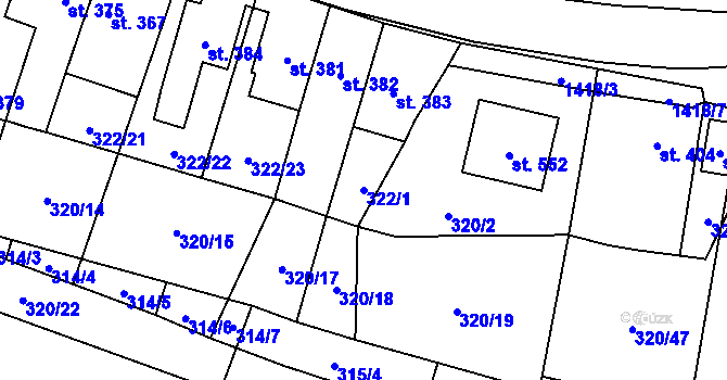Parcela st. 322/1 v KÚ Miletín, Katastrální mapa
