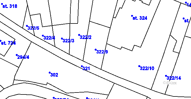 Parcela st. 322/9 v KÚ Miletín, Katastrální mapa