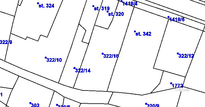 Parcela st. 322/16 v KÚ Miletín, Katastrální mapa
