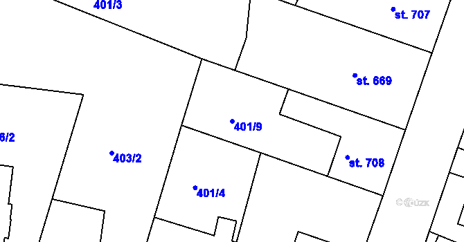 Parcela st. 401/9 v KÚ Milevsko, Katastrální mapa