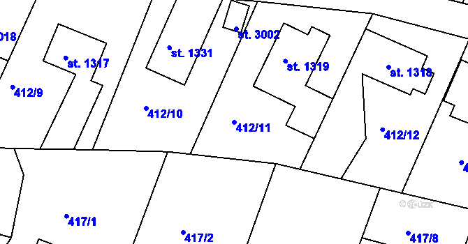 Parcela st. 412/11 v KÚ Milevsko, Katastrální mapa