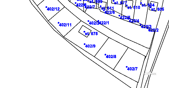 Parcela st. 402/9 v KÚ Milín, Katastrální mapa