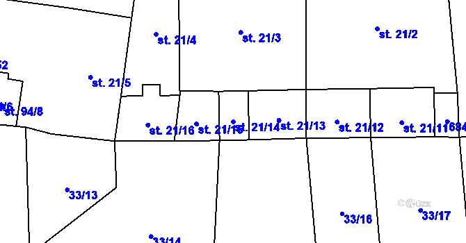 Parcela st. 21/14 v KÚ Miloňovice, Katastrální mapa