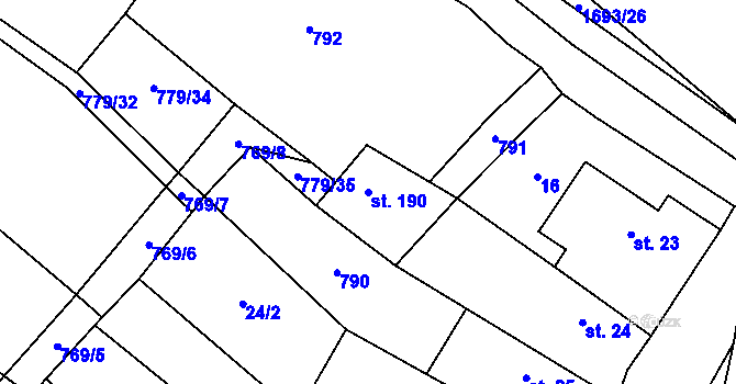 Parcela st. 190 v KÚ Milostín, Katastrální mapa