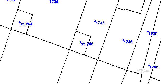 Parcela st. 206 v KÚ Milostín, Katastrální mapa