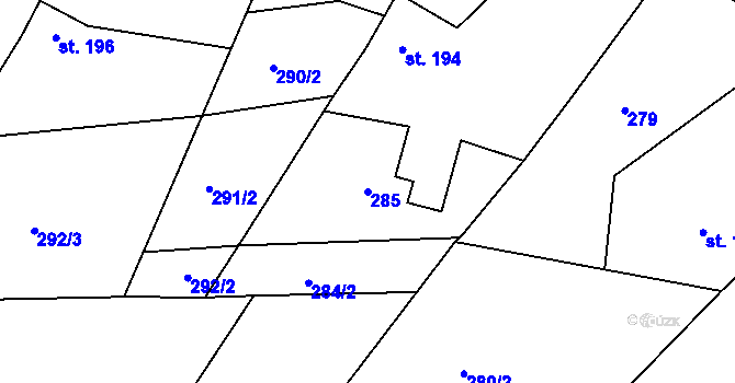 Parcela st. 285 v KÚ Milostín, Katastrální mapa