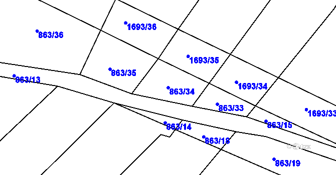 Parcela st. 863/34 v KÚ Milostín, Katastrální mapa