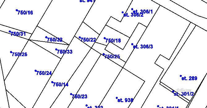 Parcela st. 750/25 v KÚ Milotice u Kyjova, Katastrální mapa