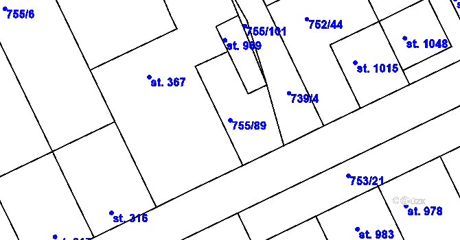 Parcela st. 755/89 v KÚ Milotice u Kyjova, Katastrální mapa