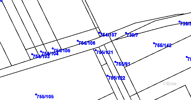 Parcela st. 755/121 v KÚ Milotice u Kyjova, Katastrální mapa