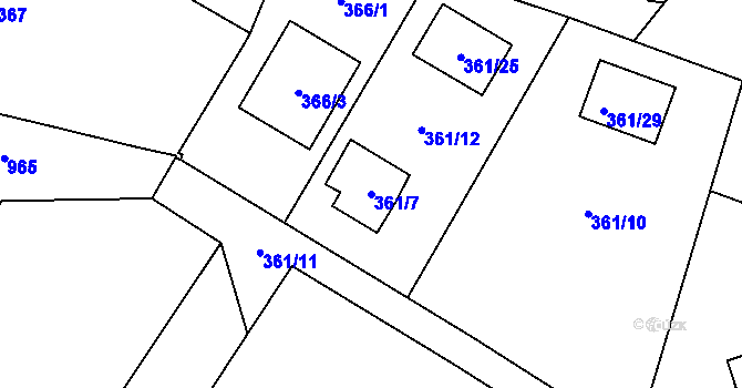 Parcela st. 361/7 v KÚ Milovice nad Labem, Katastrální mapa