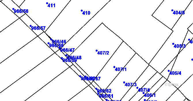 Parcela st. 407/2 v KÚ Milovice nad Labem, Katastrální mapa