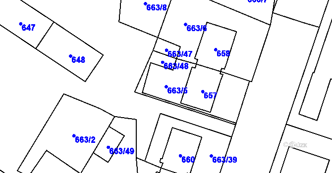 Parcela st. 663/5 v KÚ Milovice nad Labem, Katastrální mapa