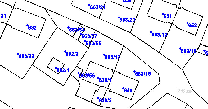 Parcela st. 663/17 v KÚ Milovice nad Labem, Katastrální mapa