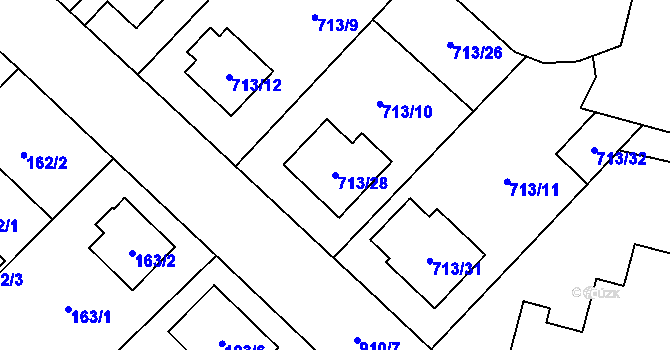 Parcela st. 713/28 v KÚ Milovice nad Labem, Katastrální mapa