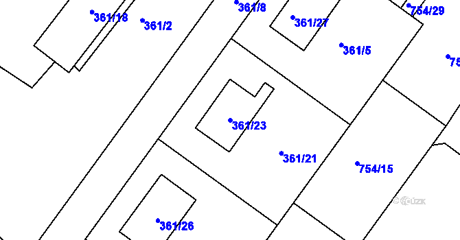 Parcela st. 361/23 v KÚ Milovice nad Labem, Katastrální mapa