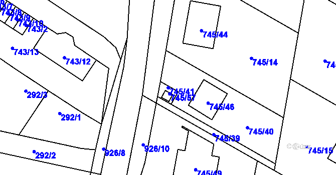 Parcela st. 745/41 v KÚ Milovice nad Labem, Katastrální mapa