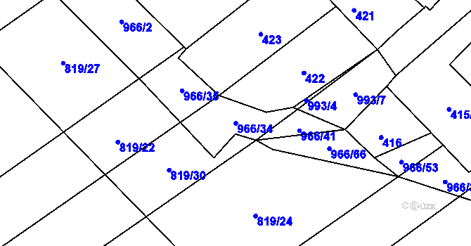 Parcela st. 966/34 v KÚ Milovice nad Labem, Katastrální mapa