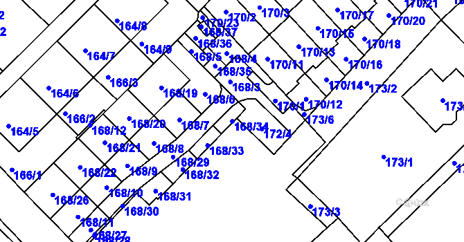 Parcela st. 168/34 v KÚ Milovice nad Labem, Katastrální mapa