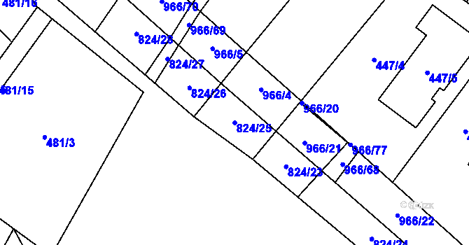 Parcela st. 824/25 v KÚ Milovice nad Labem, Katastrální mapa