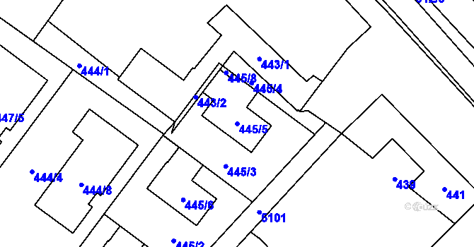 Parcela st. 445/5 v KÚ Milovice nad Labem, Katastrální mapa